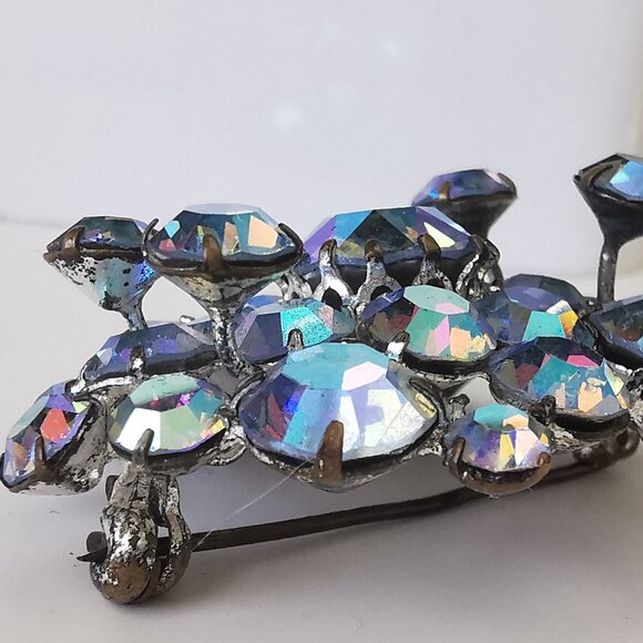 Vintage  TRIAD Multi Level Rhinestone Brooch- Blue Aurora - Picture 10 of 16